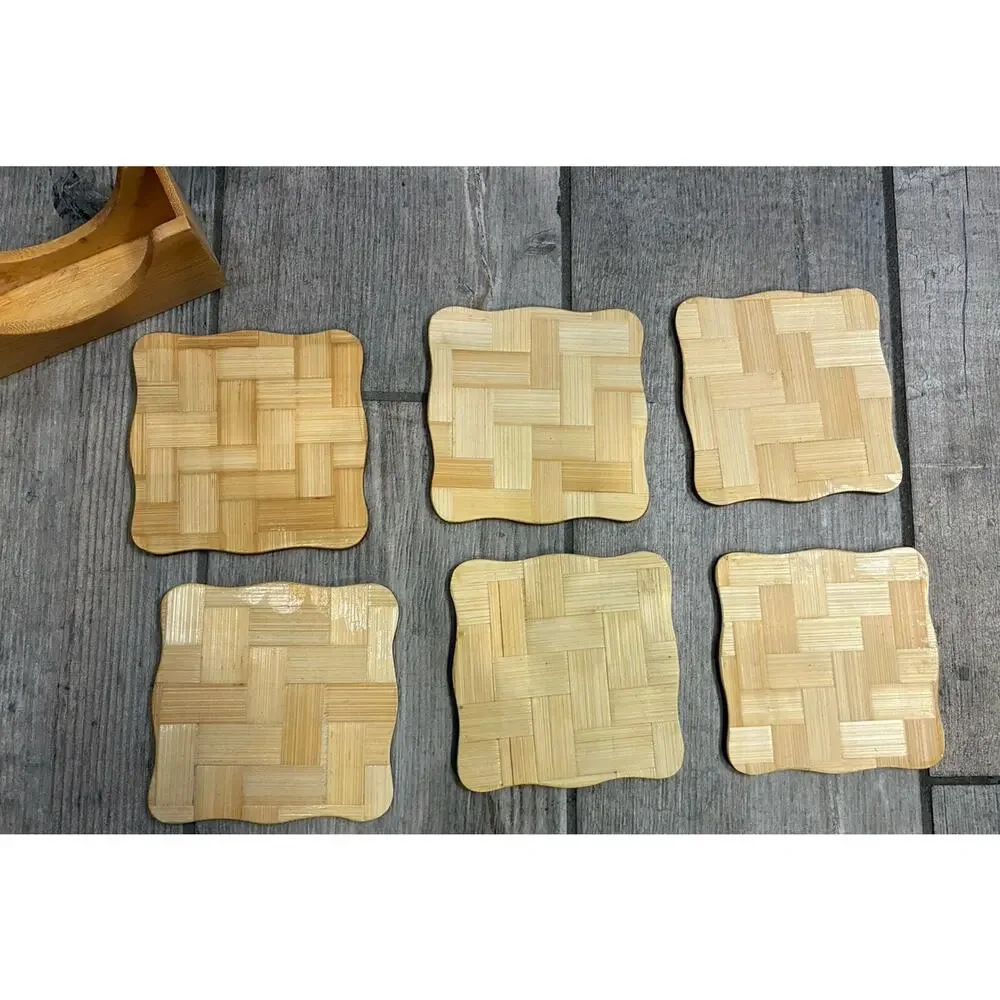 Vintage Azerbaijan Historic Landmarks Bamboo Coaster Set of 6 with Holder Baku